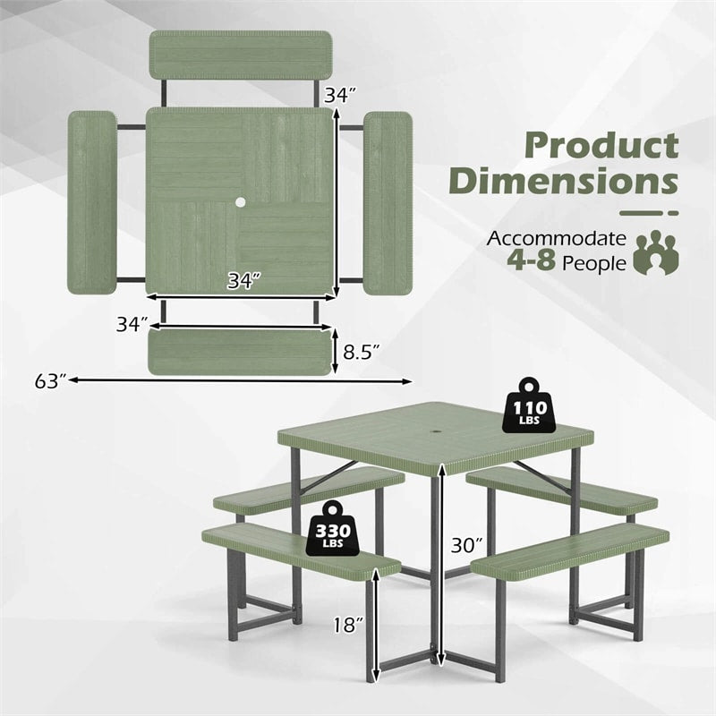 4-8 Person Outdoor Picnic Table Bench Set, All-Weather HDPE Square Dining Table with Umbrella Hole, 4 Benches & Metal Frame for Patio Backyard