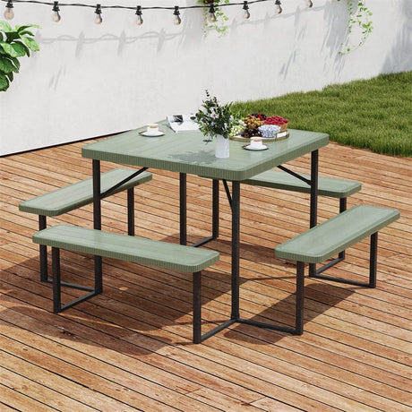 4-8 Person Outdoor Picnic Table Bench Set, All-Weather HDPE Square Dining Table with Umbrella Hole, 4 Benches & Metal Frame for Patio Backyard