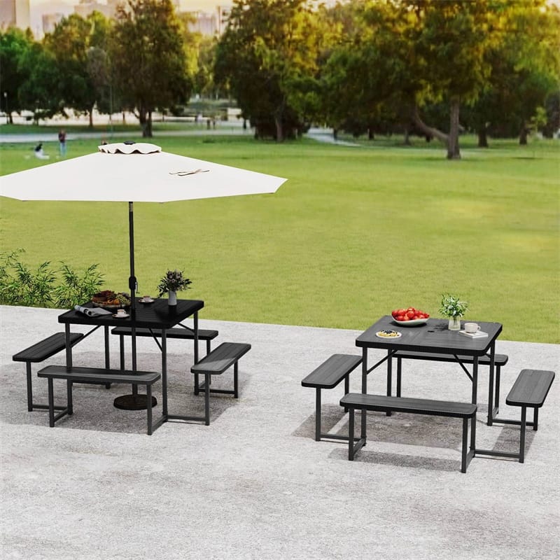 4-8 Person Outdoor Picnic Table Bench Set, All-Weather HDPE Square Dining Table with Umbrella Hole, 4 Benches & Metal Frame for Patio Backyard