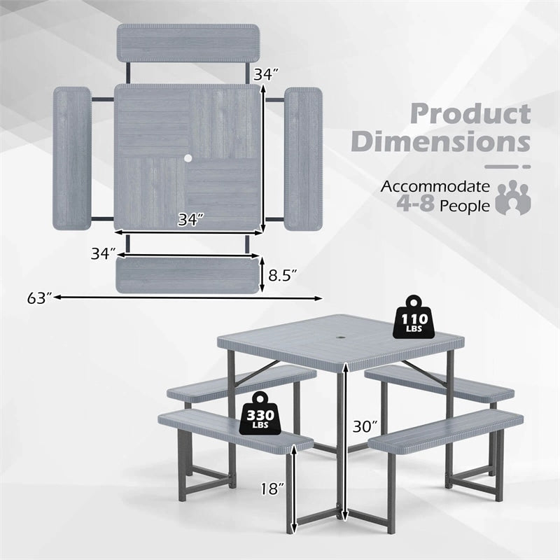 4-8 Person Outdoor Picnic Table Bench Set, All-Weather HDPE Square Dining Table with Umbrella Hole, 4 Benches & Metal Frame for Patio Backyard