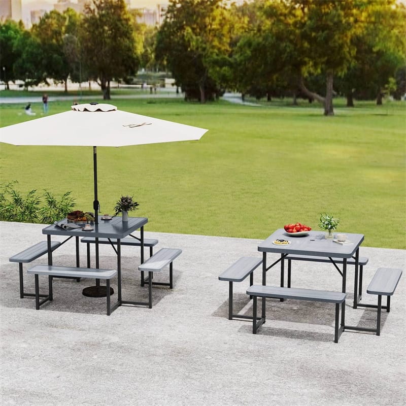 4-8 Person Outdoor Picnic Table Bench Set, All-Weather HDPE Square Dining Table with Umbrella Hole, 4 Benches & Metal Frame for Patio Backyard