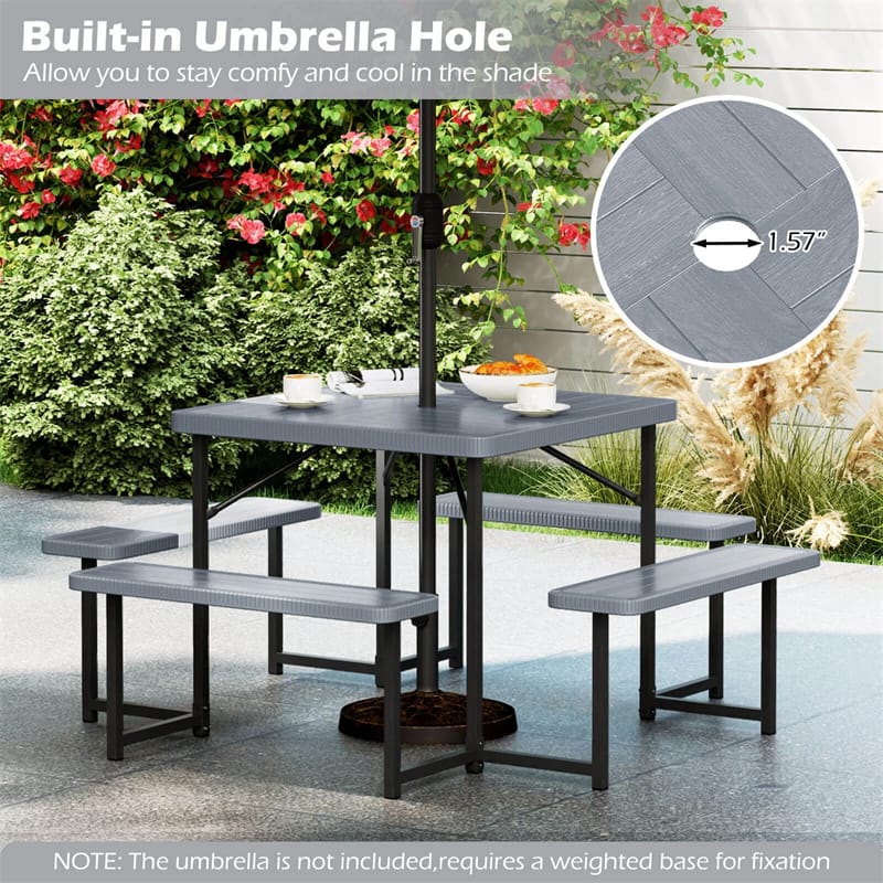 4-8 Person Outdoor Picnic Table Bench Set, All-Weather HDPE Square Dining Table with Umbrella Hole, 4 Benches & Metal Frame for Patio Backyard