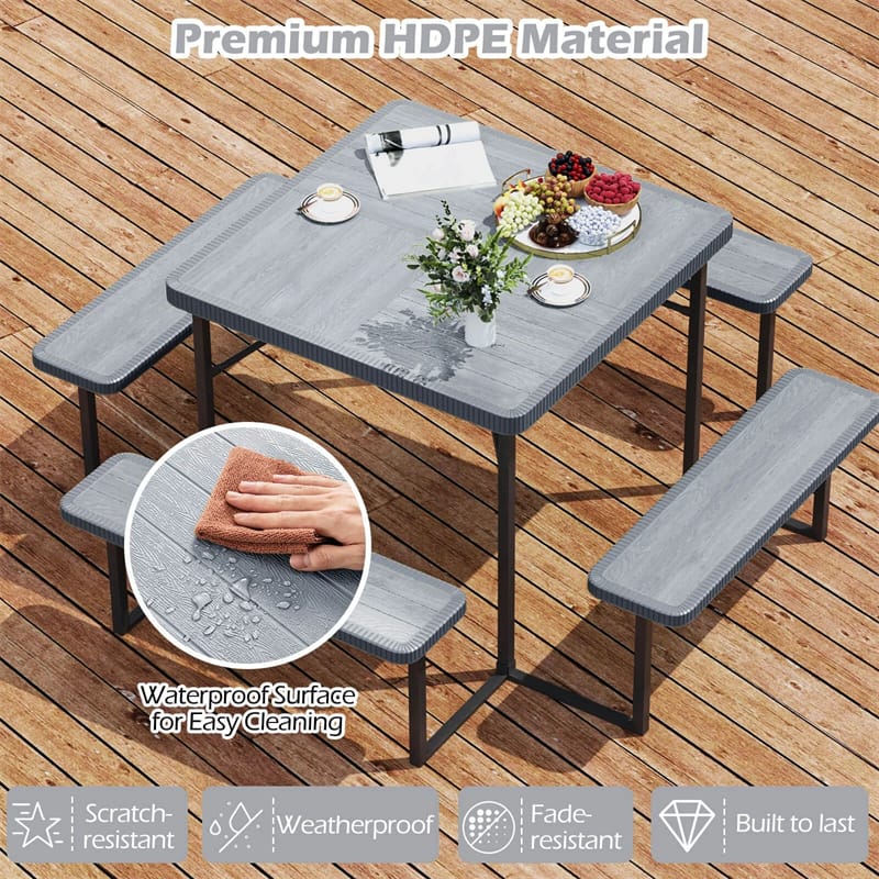 4-8 Person Outdoor Picnic Table Bench Set, All-Weather HDPE Square Dining Table with Umbrella Hole, 4 Benches & Metal Frame for Patio Backyard
