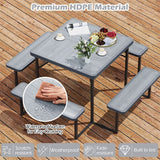4-8 Person Outdoor Picnic Table Bench Set, All-Weather HDPE Square Dining Table with Umbrella Hole, 4 Benches & Metal Frame for Patio Backyard