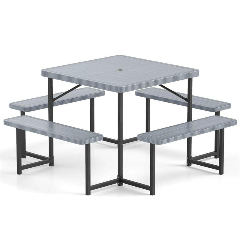 4-8 Person Outdoor Picnic Table Bench Set, All-Weather HDPE Square Dining Table with Umbrella Hole, 4 Benches & Metal Frame for Patio Backyard
