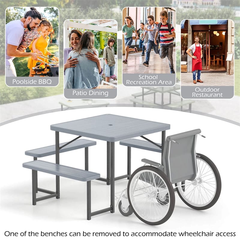 4-8 Person Outdoor Picnic Table Bench Set, All-Weather HDPE Square Dining Table with Umbrella Hole, 4 Benches & Metal Frame for Patio Backyard