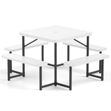 4-8 Person Outdoor Picnic Table Bench Set, All-Weather HDPE Square Dining Table with Umbrella Hole, 4 Benches & Metal Frame for Patio Backyard