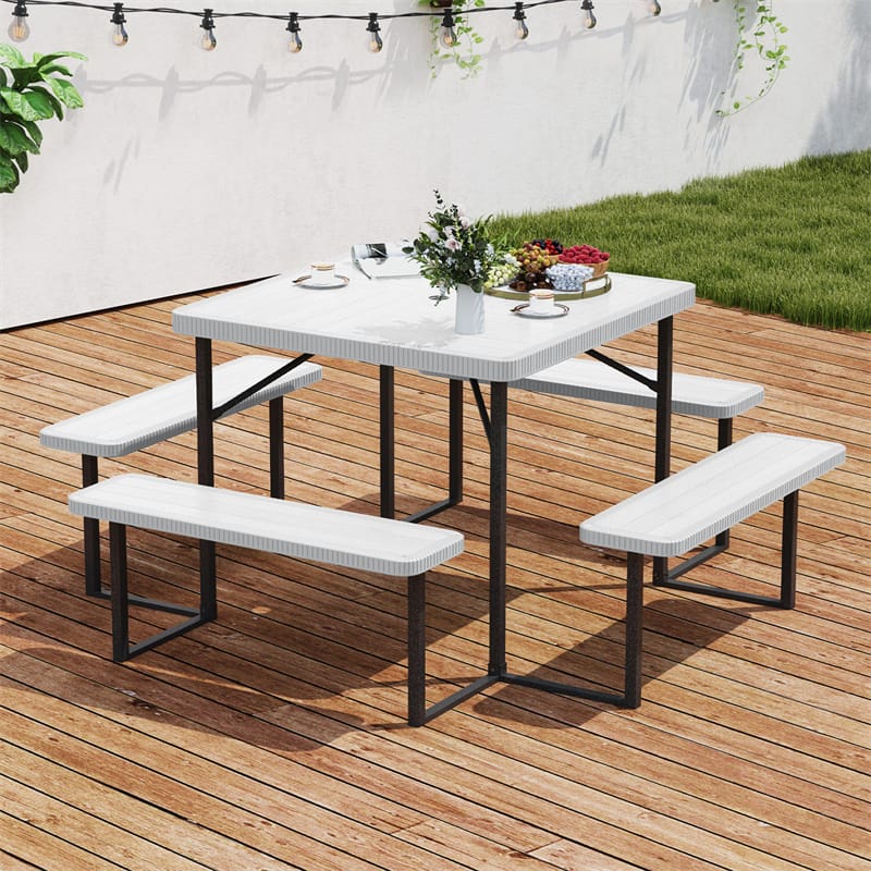 4-8 Person Outdoor Picnic Table Bench Set, All-Weather HDPE Square Dining Table with Umbrella Hole, 4 Benches & Metal Frame for Patio Backyard