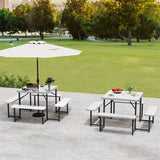 4-8 Person Outdoor Picnic Table Bench Set, All-Weather HDPE Square Dining Table with Umbrella Hole, 4 Benches & Metal Frame for Patio Backyard