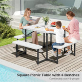 4-8 Person Outdoor Picnic Table Bench Set, All-Weather HDPE Square Dining Table with Umbrella Hole, 4 Benches & Metal Frame for Patio Backyard