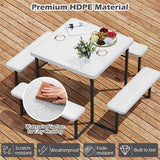 4-8 Person Outdoor Picnic Table Bench Set, All-Weather HDPE Square Dining Table with Umbrella Hole, 4 Benches & Metal Frame for Patio Backyard