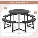 8 Person Round Outdoor Picnic Table Bench Set with Umbrella Hole, All-Weather HDPE Tabletop & Metal Frame for Patio Garden Yard