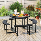 8 Person Round Outdoor Picnic Table Bench Set with Umbrella Hole, All-Weather HDPE Tabletop & Metal Frame for Patio Garden Yard