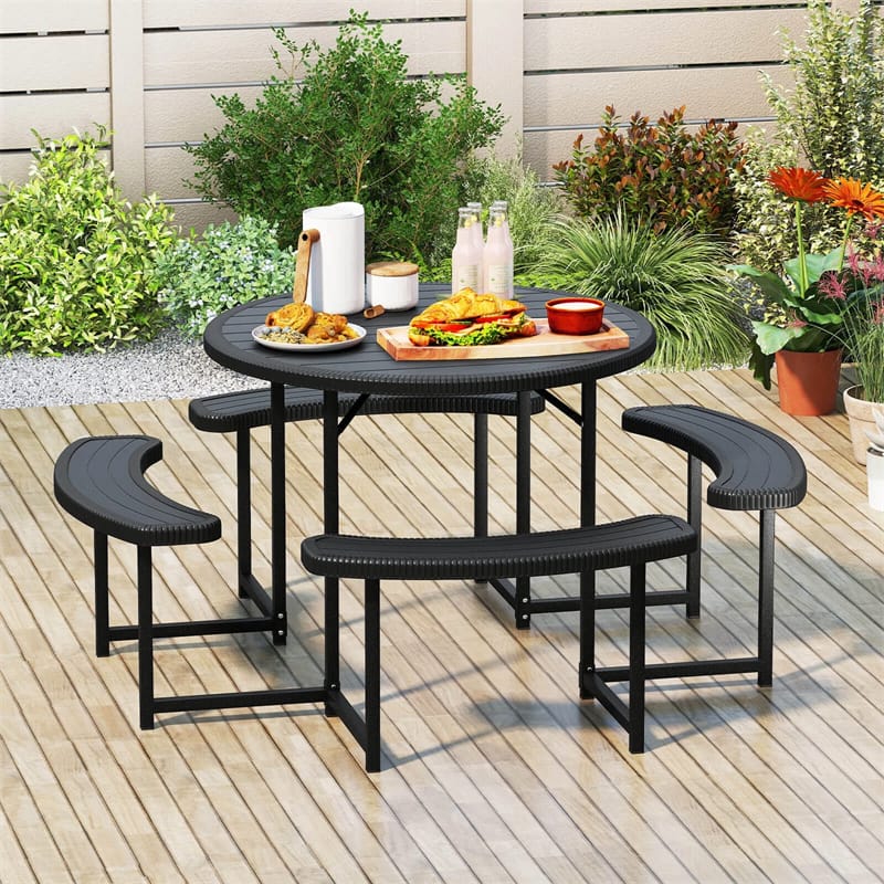 8 Person Round Outdoor Picnic Table Bench Set with Umbrella Hole, All-Weather HDPE Tabletop & Metal Frame for Patio Garden Yard