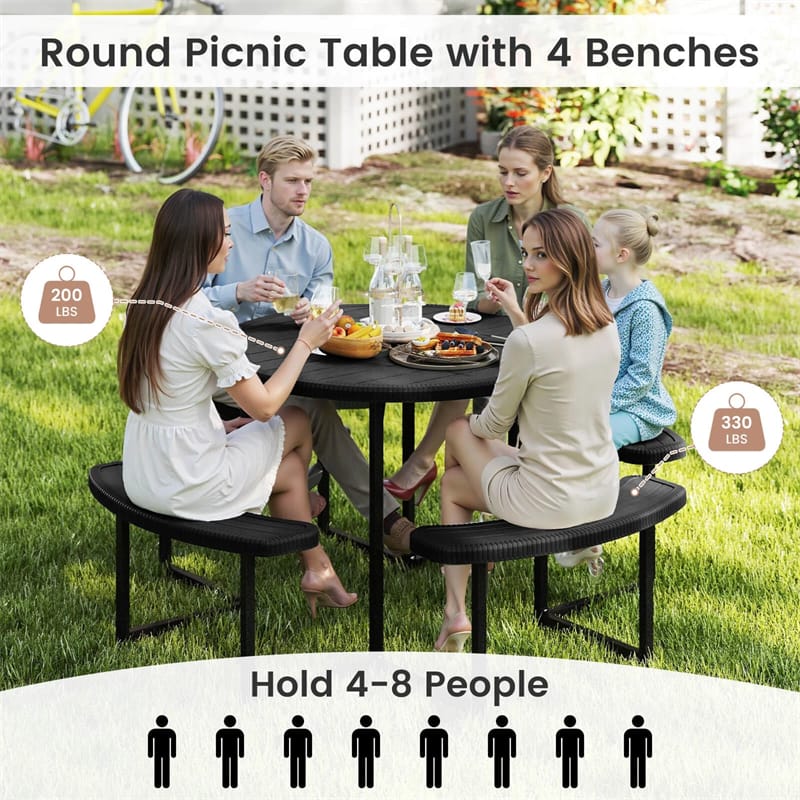 8 Person Round Outdoor Picnic Table Bench Set with Umbrella Hole, All-Weather HDPE Tabletop & Metal Frame for Patio Garden Yard