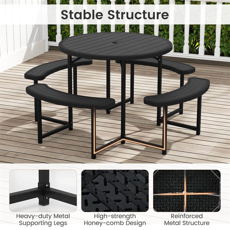 8 Person Round Outdoor Picnic Table Bench Set with Umbrella Hole, All-Weather HDPE Tabletop & Metal Frame for Patio Garden Yard