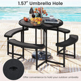 8 Person Round Outdoor Picnic Table Bench Set with Umbrella Hole, All-Weather HDPE Tabletop & Metal Frame for Patio Garden Yard