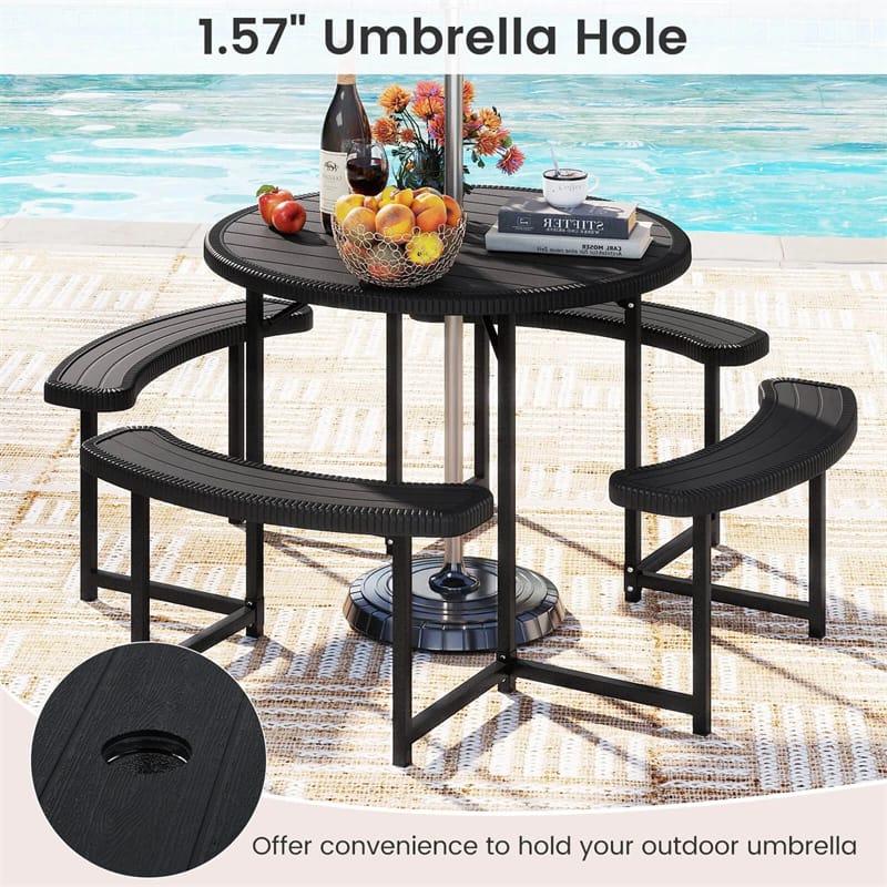 8 Person Round Outdoor Picnic Table Bench Set with Umbrella Hole, All-Weather HDPE Tabletop & Metal Frame for Patio Garden Yard