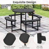 8 Person Round Outdoor Picnic Table Bench Set with Umbrella Hole, All-Weather HDPE Tabletop & Metal Frame for Patio Garden Yard