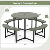 8 Person Round Outdoor Picnic Table Bench Set with Umbrella Hole, All-Weather HDPE Tabletop & Metal Frame for Patio Garden Yard