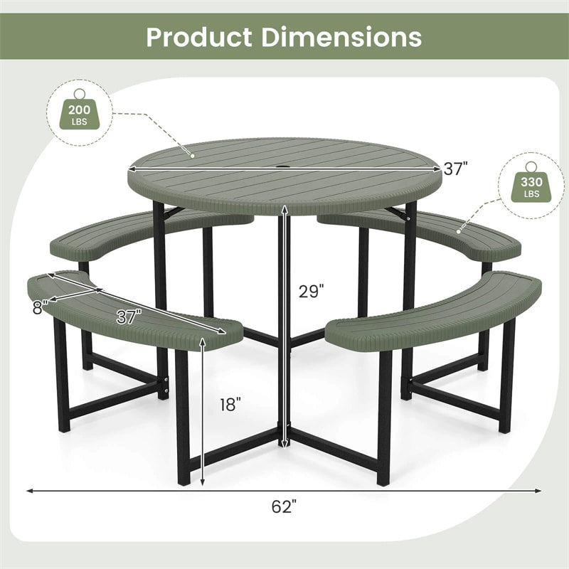 8 Person Round Outdoor Picnic Table Bench Set with Umbrella Hole, All-Weather HDPE Tabletop & Metal Frame for Patio Garden Yard