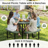 8 Person Round Outdoor Picnic Table Bench Set with Umbrella Hole, All-Weather HDPE Tabletop & Metal Frame for Patio Garden Yard