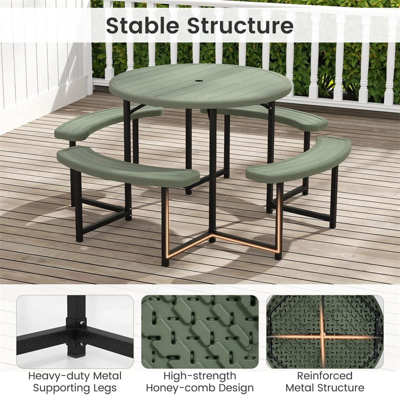 8 Person Round Outdoor Picnic Table Bench Set with Umbrella Hole, All-Weather HDPE Tabletop & Metal Frame for Patio Garden Yard
