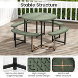 8 Person Round Outdoor Picnic Table Bench Set with Umbrella Hole, All-Weather HDPE Tabletop & Metal Frame for Patio Garden Yard
