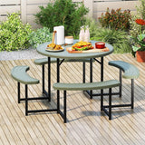 8 Person Round Outdoor Picnic Table Bench Set with Umbrella Hole, All-Weather HDPE Tabletop & Metal Frame for Patio Garden Yard