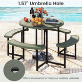 8 Person Round Outdoor Picnic Table Bench Set with Umbrella Hole, All-Weather HDPE Tabletop & Metal Frame for Patio Garden Yard