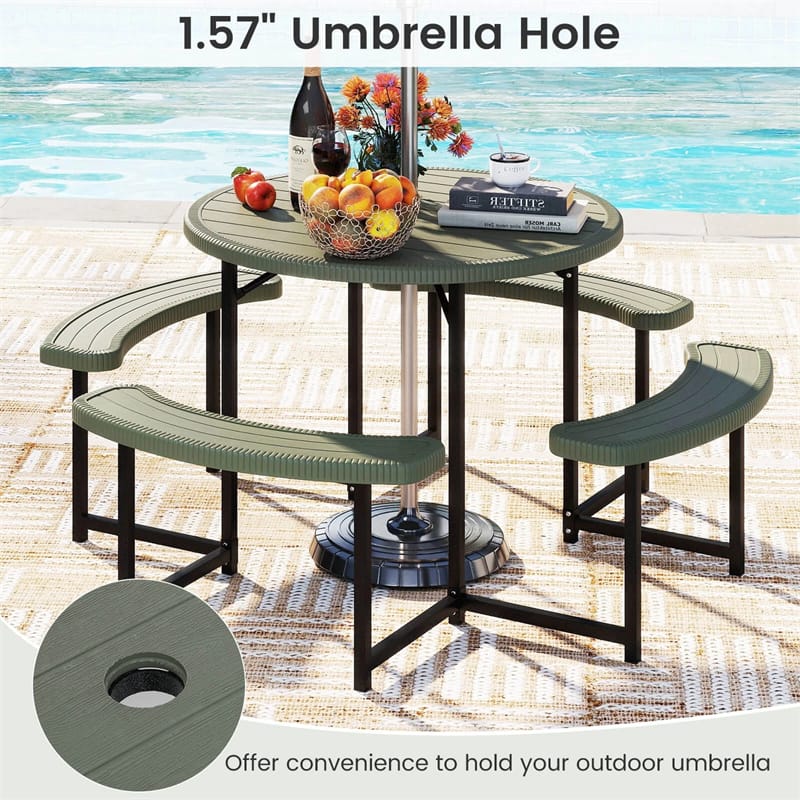 8 Person Round Outdoor Picnic Table Bench Set with Umbrella Hole, All-Weather HDPE Tabletop & Metal Frame for Patio Garden Yard