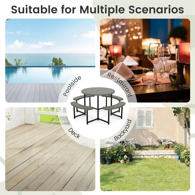 8 Person Round Outdoor Picnic Table Bench Set with Umbrella Hole, All-Weather HDPE Tabletop & Metal Frame for Patio Garden Yard