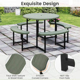 8 Person Round Outdoor Picnic Table Bench Set with Umbrella Hole, All-Weather HDPE Tabletop & Metal Frame for Patio Garden Yard