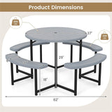 8 Person Round Outdoor Picnic Table Bench Set with Umbrella Hole, All-Weather HDPE Tabletop & Metal Frame for Patio Garden Yard