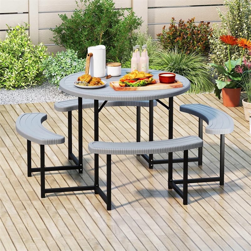 8 Person Round Outdoor Picnic Table Bench Set with Umbrella Hole, All-Weather HDPE Tabletop & Metal Frame for Patio Garden Yard