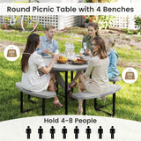 8 Person Round Outdoor Picnic Table Bench Set with Umbrella Hole, All-Weather HDPE Tabletop & Metal Frame for Patio Garden Yard