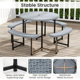8 Person Round Outdoor Picnic Table Bench Set with Umbrella Hole, All-Weather HDPE Tabletop & Metal Frame for Patio Garden Yard