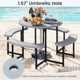 8 Person Round Outdoor Picnic Table Bench Set with Umbrella Hole, All-Weather HDPE Tabletop & Metal Frame for Patio Garden Yard