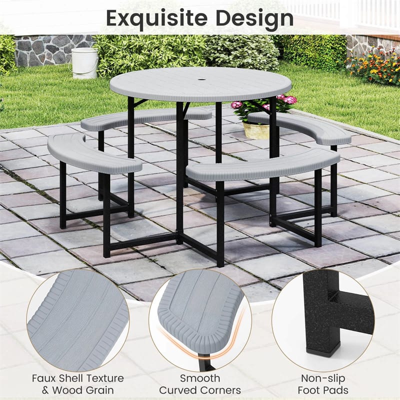 8 Person Round Outdoor Picnic Table Bench Set with Umbrella Hole, All-Weather HDPE Tabletop & Metal Frame for Patio Garden Yard