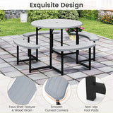 8 Person Round Outdoor Picnic Table Bench Set with Umbrella Hole, All-Weather HDPE Tabletop & Metal Frame for Patio Garden Yard