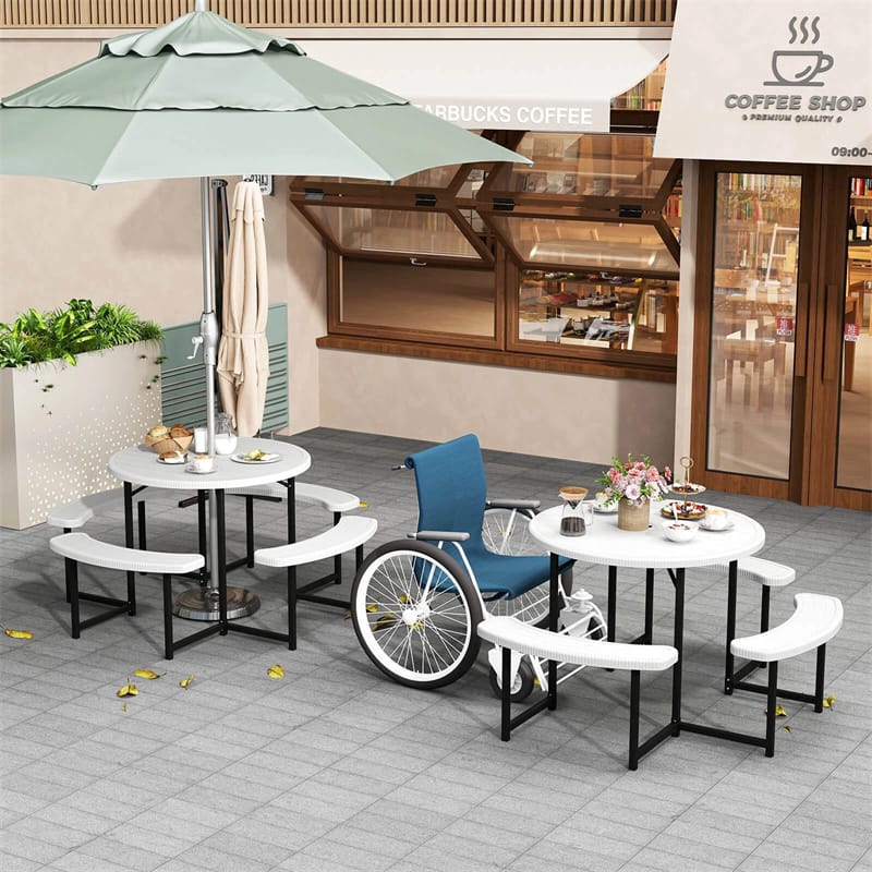 8 Person Round Outdoor Picnic Table Bench Set with Umbrella Hole, All-Weather HDPE Tabletop & Metal Frame for Patio Garden Yard
