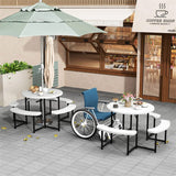8 Person Round Outdoor Picnic Table Bench Set with Umbrella Hole, All-Weather HDPE Tabletop & Metal Frame for Patio Garden Yard