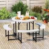 8 Person Round Outdoor Picnic Table Bench Set with Umbrella Hole, All-Weather HDPE Tabletop & Metal Frame for Patio Garden Yard