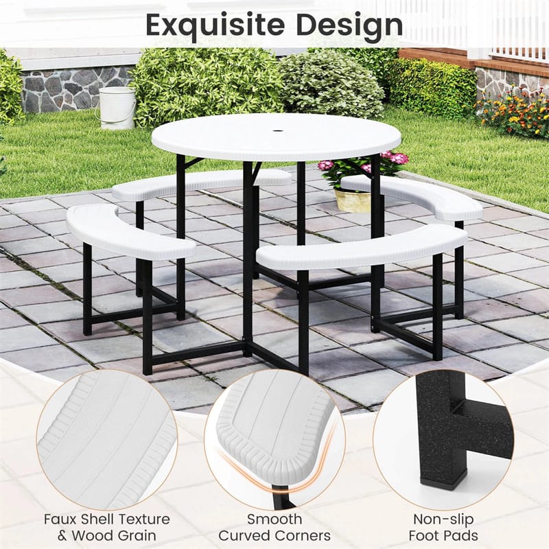 8 Person Round Outdoor Picnic Table Bench Set with Umbrella Hole, All-Weather HDPE Tabletop & Metal Frame for Patio Garden Yard
