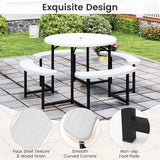8 Person Round Outdoor Picnic Table Bench Set with Umbrella Hole, All-Weather HDPE Tabletop & Metal Frame for Patio Garden Yard