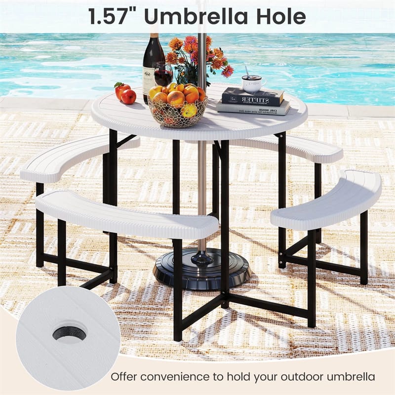 8 Person Round Outdoor Picnic Table Bench Set with Umbrella Hole, All-Weather HDPE Tabletop & Metal Frame for Patio Garden Yard