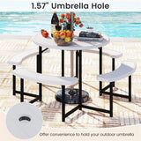 8 Person Round Outdoor Picnic Table Bench Set with Umbrella Hole, All-Weather HDPE Tabletop & Metal Frame for Patio Garden Yard