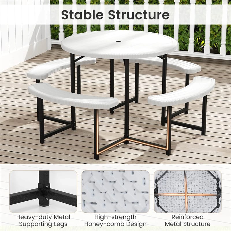 8 Person Round Outdoor Picnic Table Bench Set with Umbrella Hole, All-Weather HDPE Tabletop & Metal Frame for Patio Garden Yard