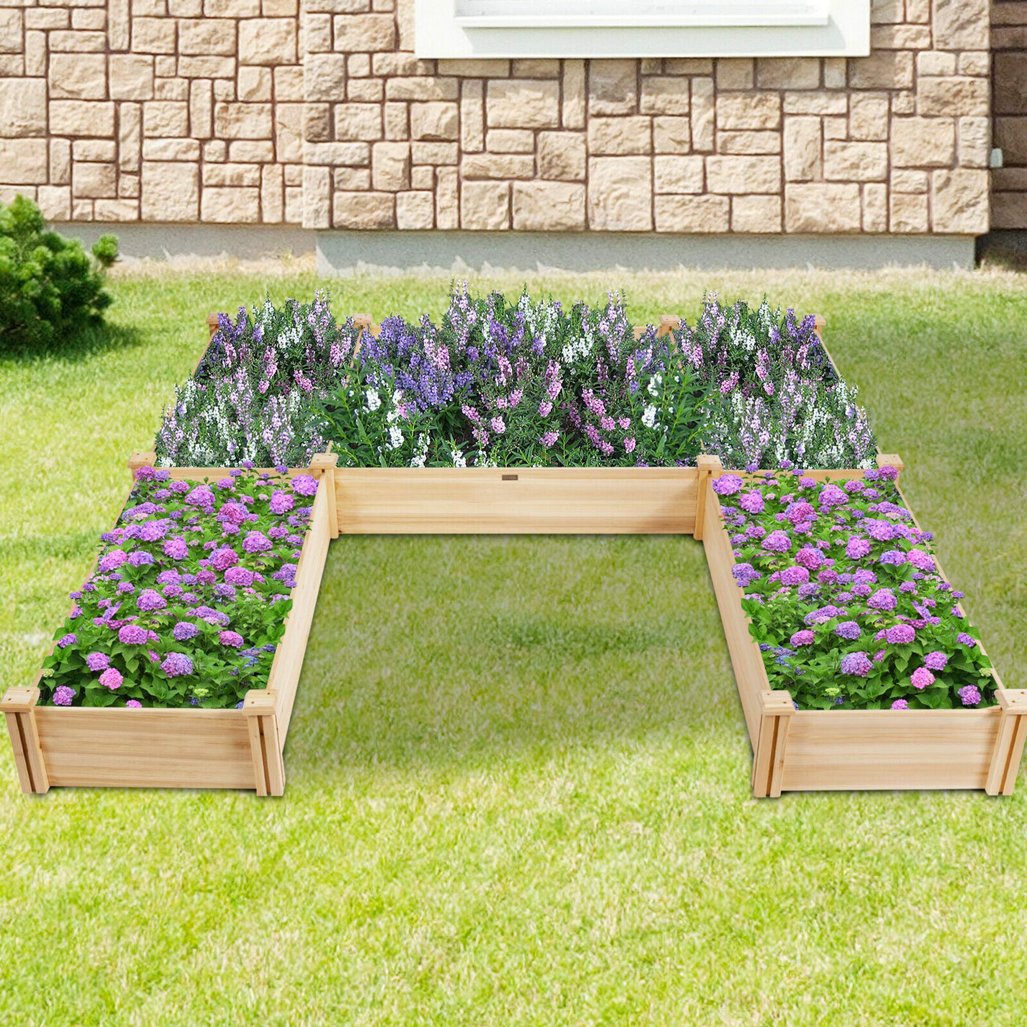 92.5" L x 95 W x 11 H Wood U-Shaped Raised Garden Bed Planter Box for Vegetables Flowers, Garden Container for Backyard Patio Balcony