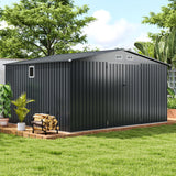 12 x 9.8 FT All-Weather Outdoor Storage Shed, Rustproof Galvanized Metal Utility Tool Shed w/Lockable Door, Pitched Roof, Windows
